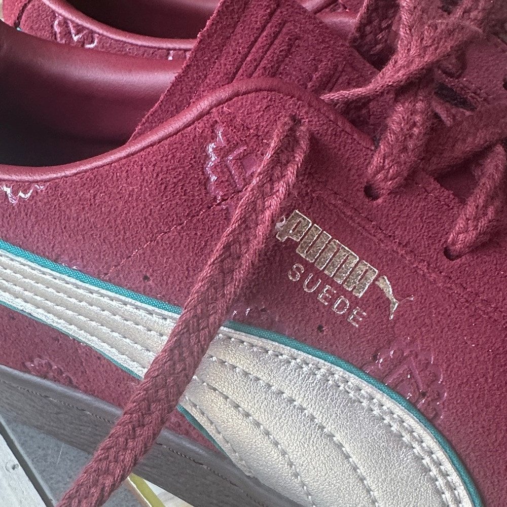 Mens PUMA x One Piece Suede Shanks Athletic Shoe - Regal Red / Future Pink - Picture 2 of 5
